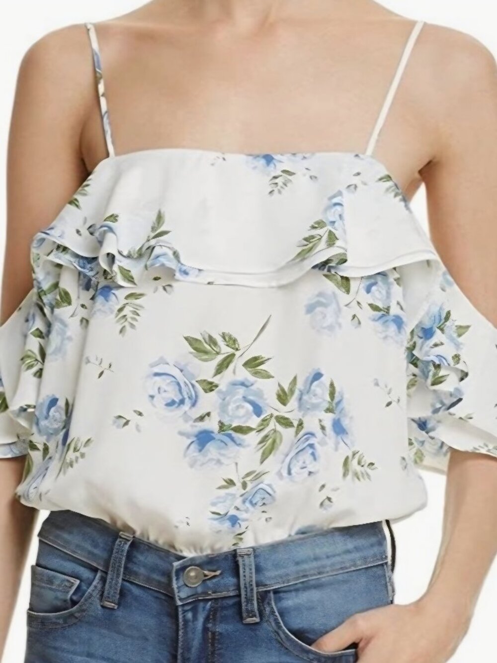L'Academie The Cold-Shoulder Bodysuit in white with a blue floral Size Small